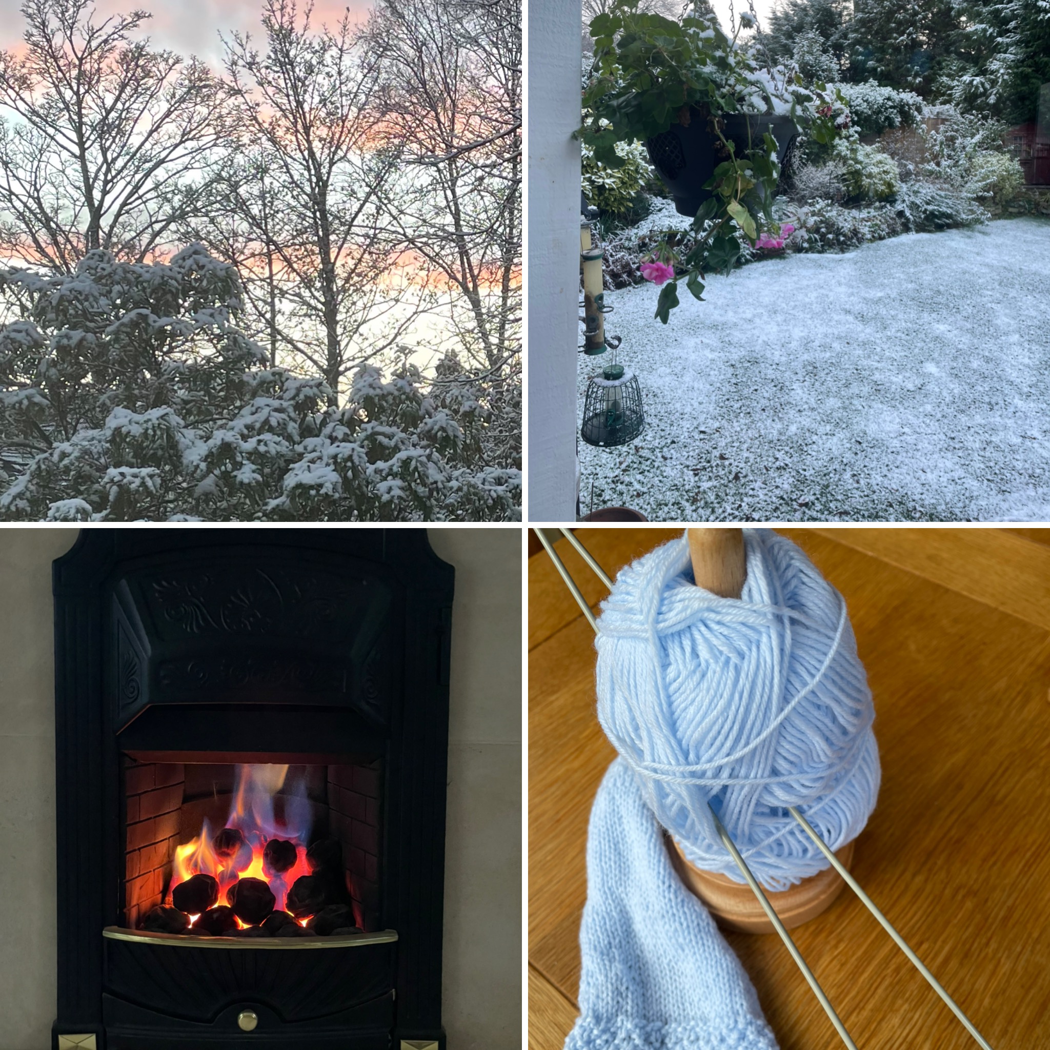 Fresh snow outside and cosy fireside and knitting indoors