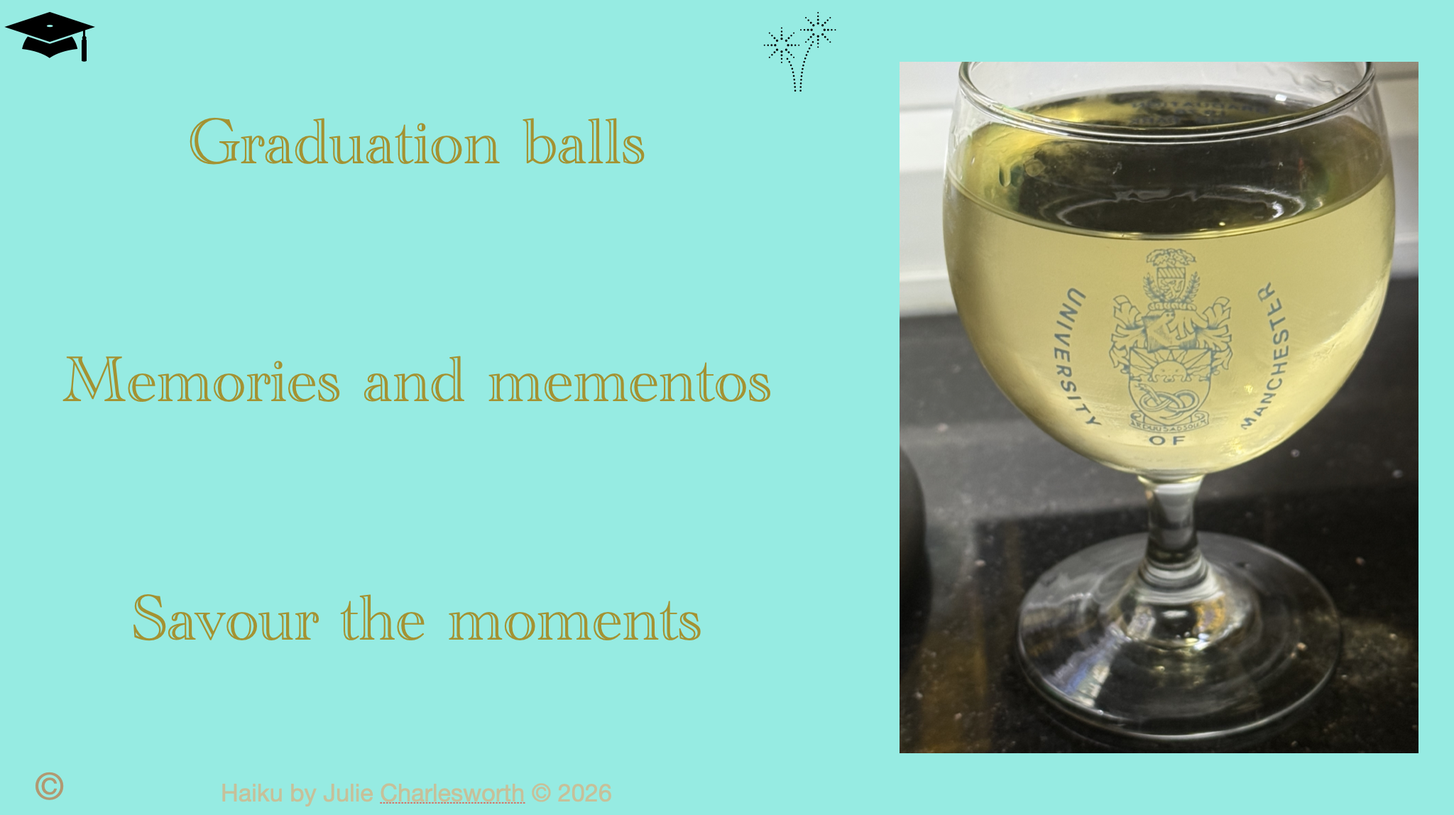 Haiku and photo of memento relating to graduation and celebration